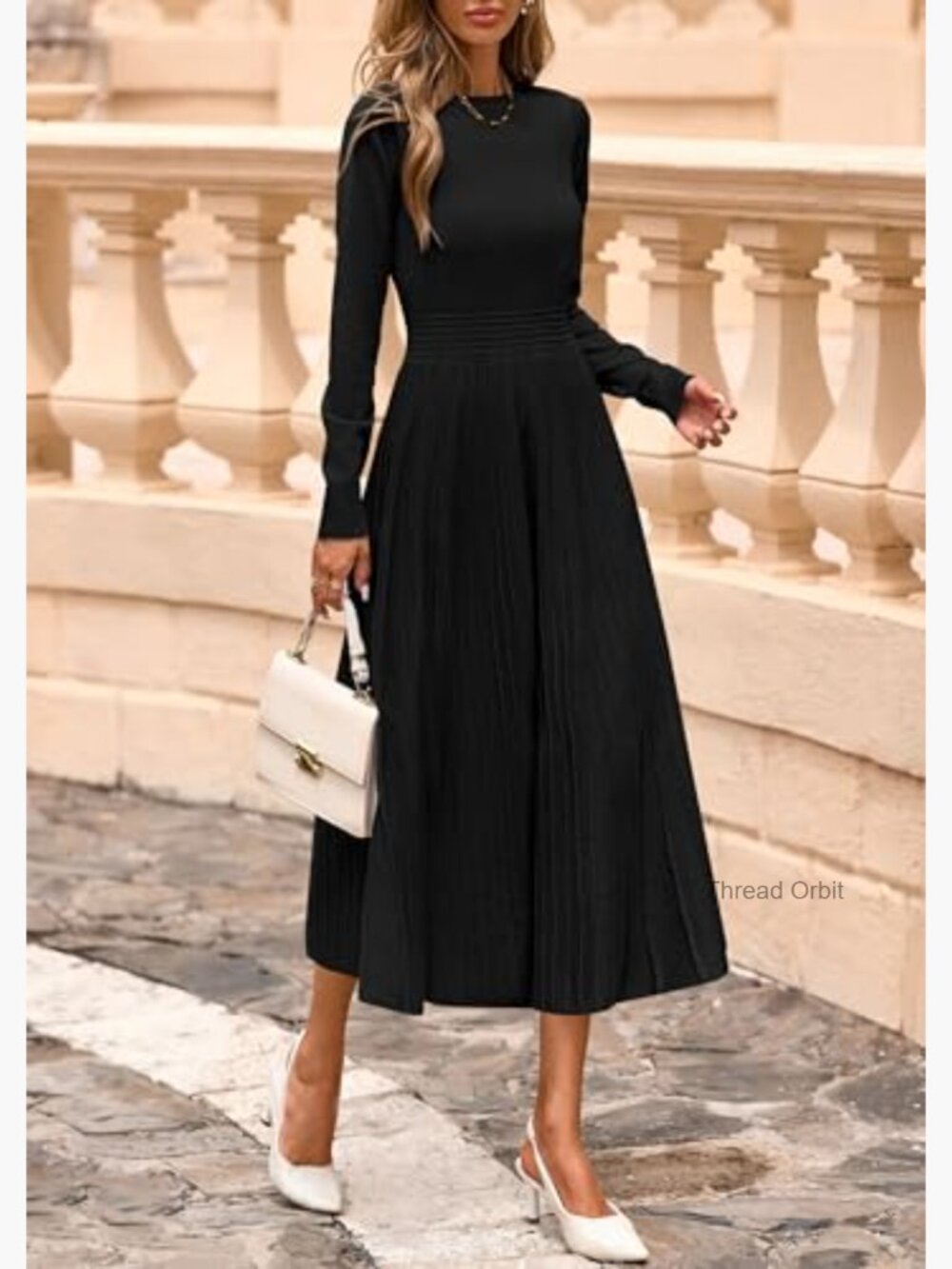 Long Sleeve Knit A Line Midi Sweater Dress for Women Fall Winter - Picture 3 of 7